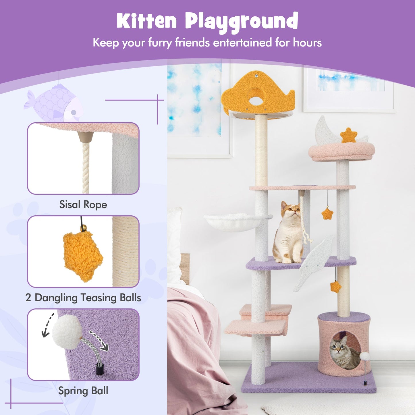 66 Inch Multi-level Cat Tree with Scratching Posts - Purple