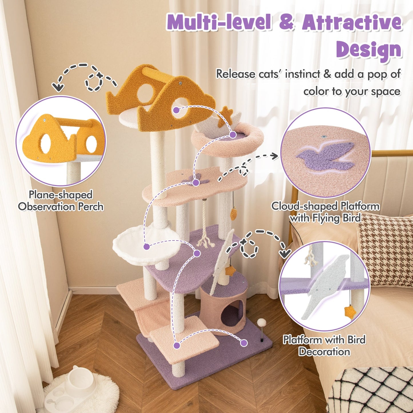 66 Inch Multi-level Cat Tree with Scratching Posts - Purple