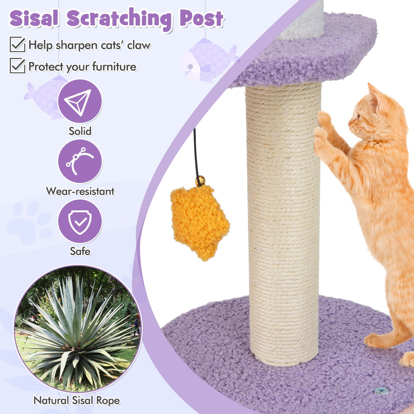 66 Inch Multi-level Cat Tree with Scratching Posts - Purple
