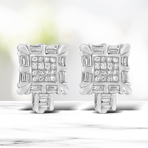 Pendientes de aro huggie en oro blanco de 14K con diamantes enmarcados en cuadrado