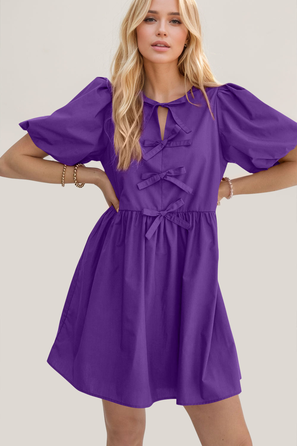 Elegant Ruched Puff Sleeve Mini Dress with Bow Detail