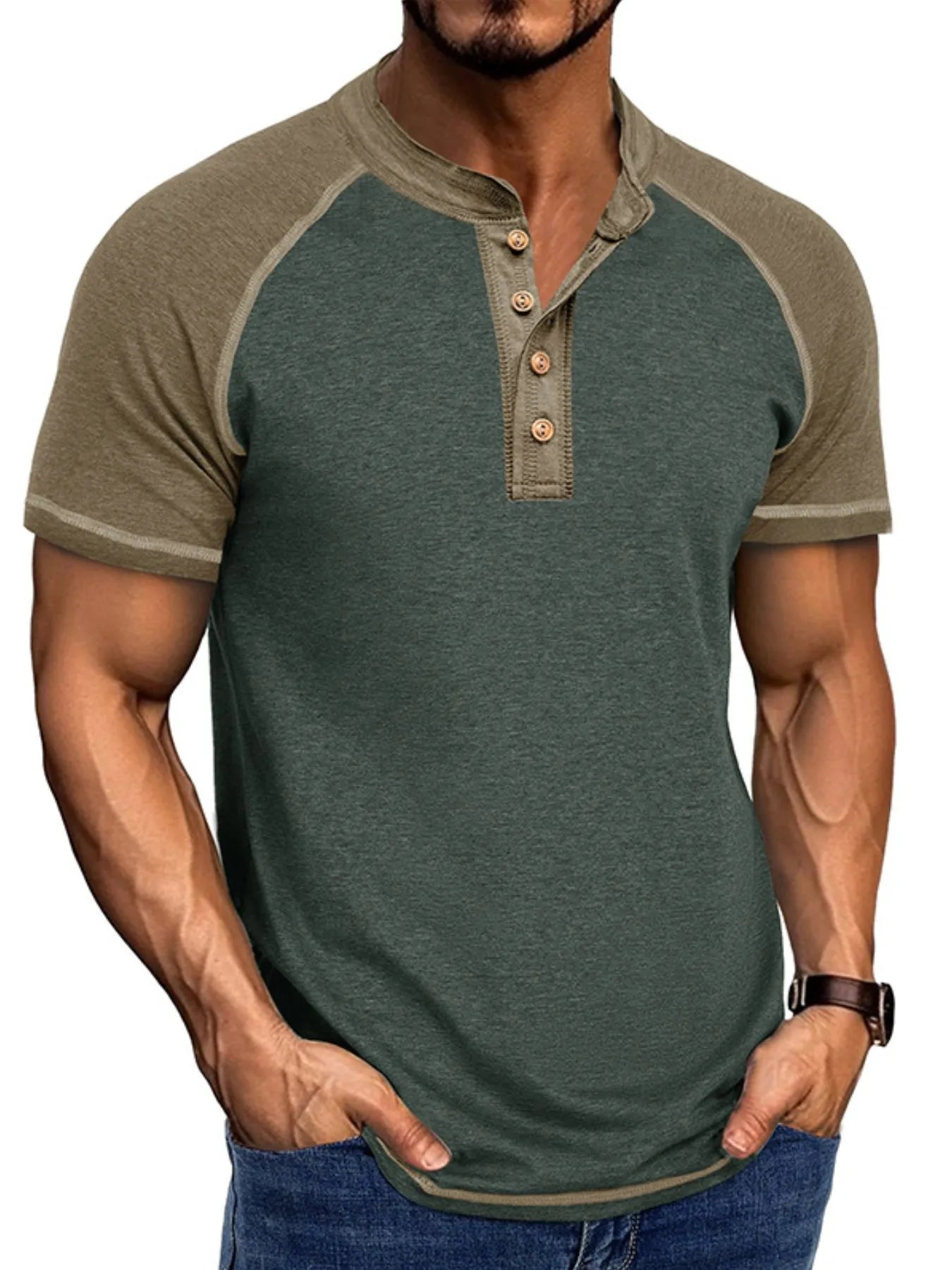 T-shirt Henley Raglan Color Block pour homme