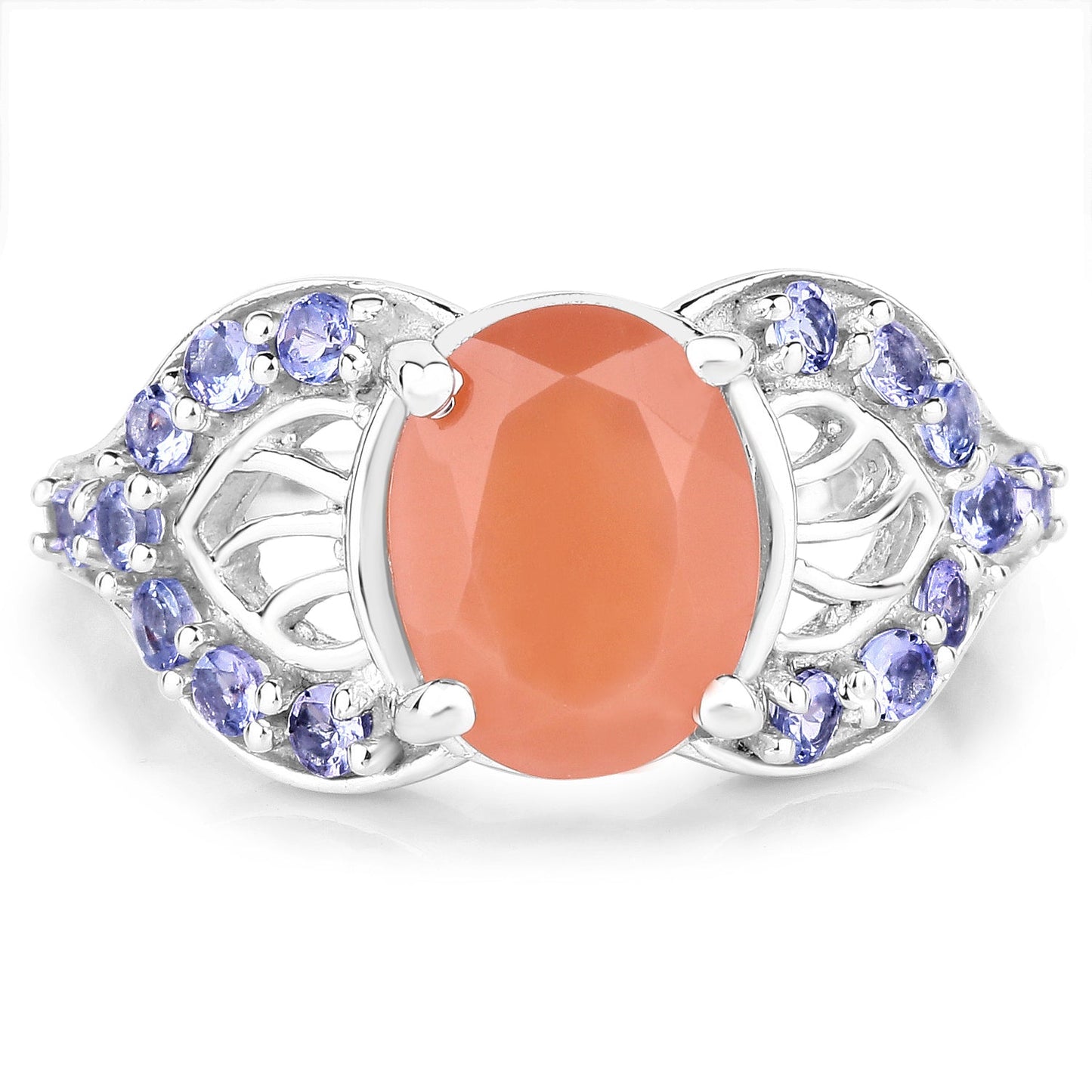 Bague en argent sterling de 3,06 carats en pierre de lune pêche et tanzanite