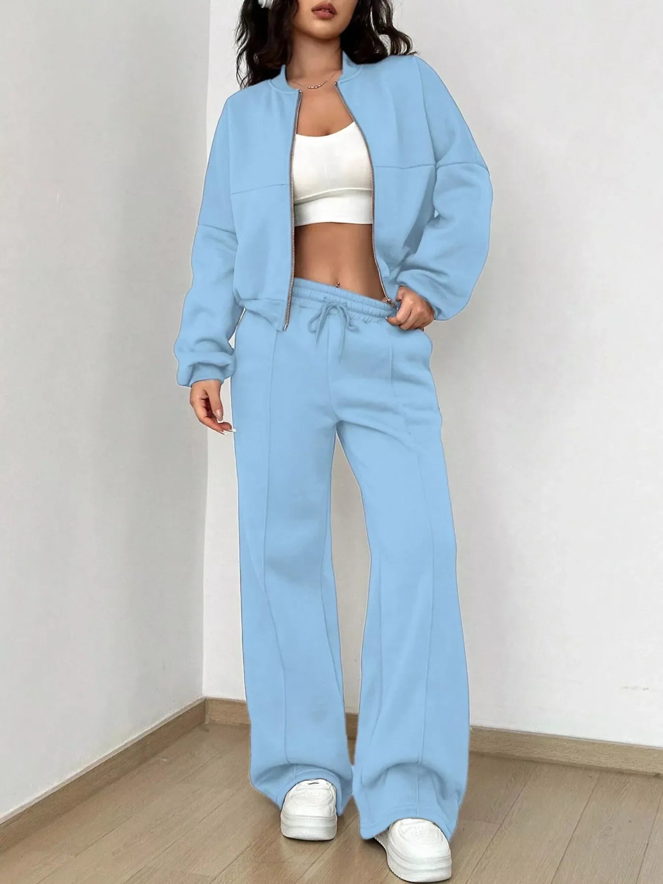 Ensemble de Veste Zippée en Couleur Unie et Pantalons à Jambes Larges