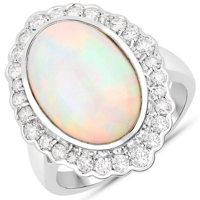 Bague de fiançailles en or blanc 14K avec opale éthiopienne de 6,38 carats et diamants