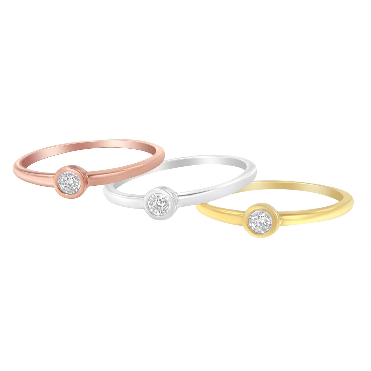Tri-Color 14K Gold Plated Sterling Silver Diamond Stacking Promise Ring Set