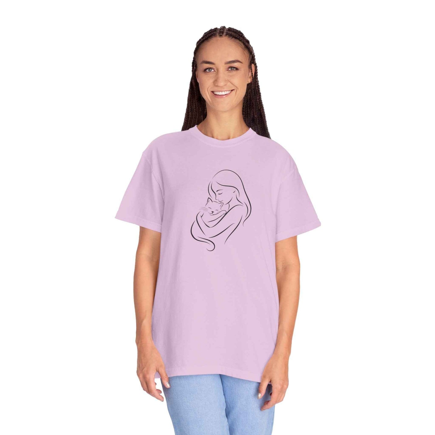 Camiseta Madre y Gato Abrazo | Camiseta Minimalista de Arte Lineal para Mamás de Gatos