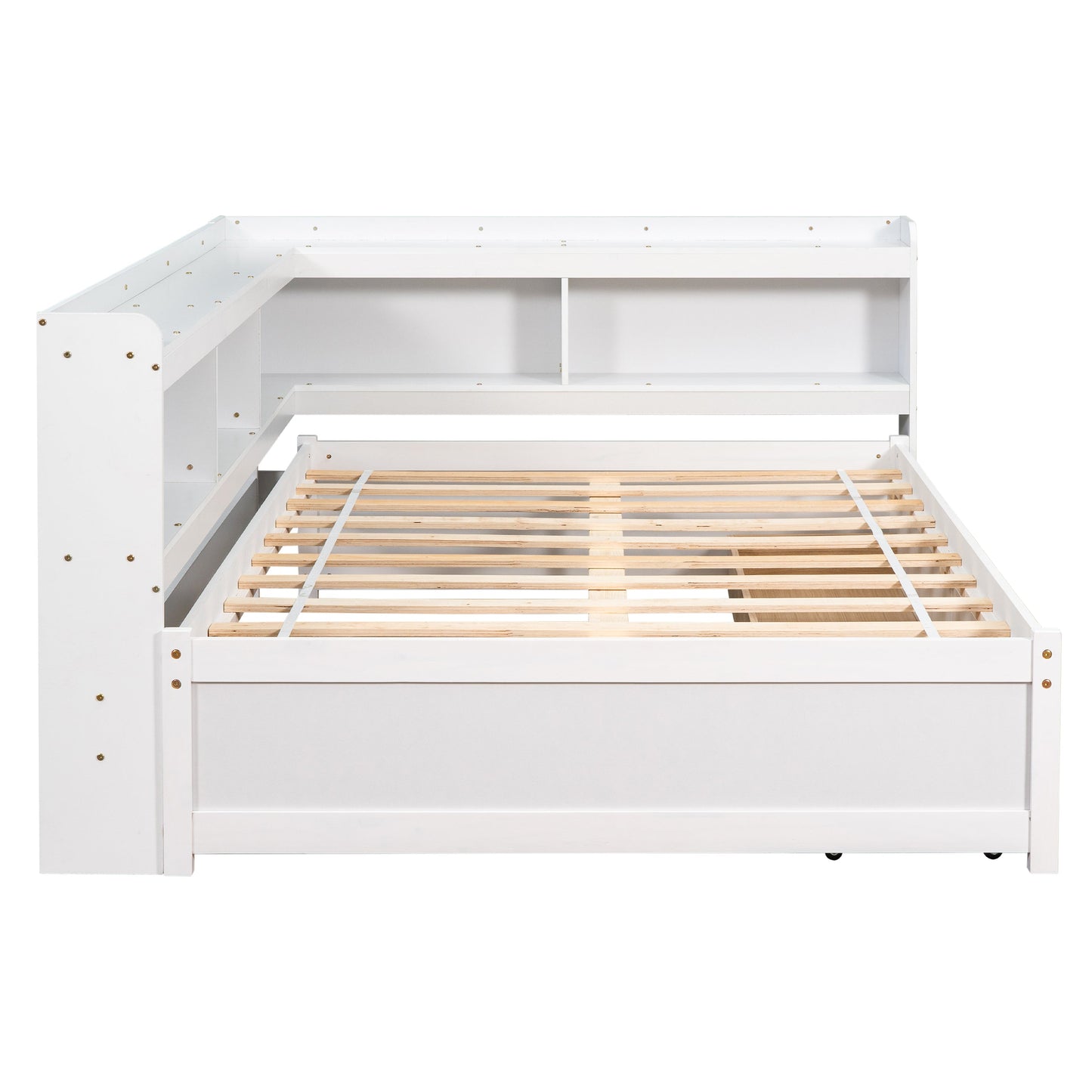 Elegant Full Bed with L-shaped Bookcases and Drawers in White