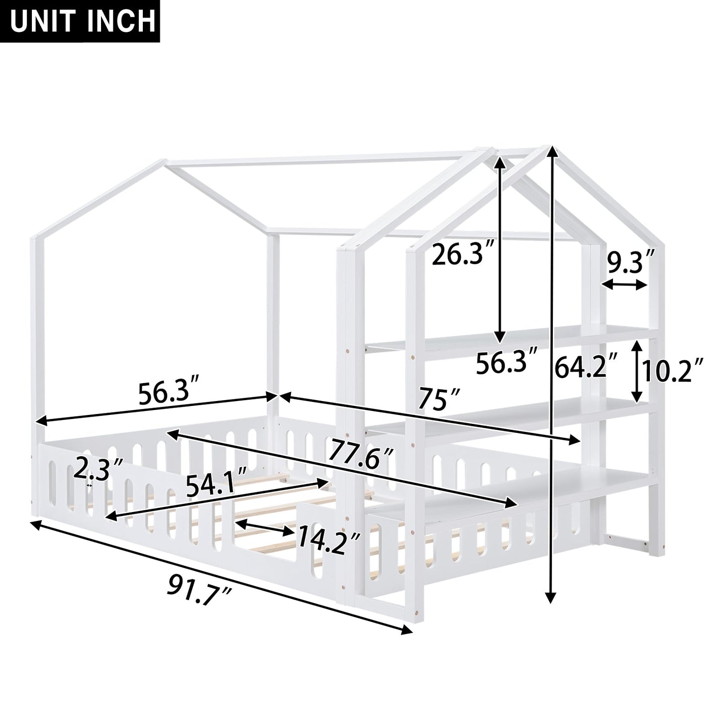 Full Size Wood House Bed with Fence and Detachable Storage Shelves, White - Korvel