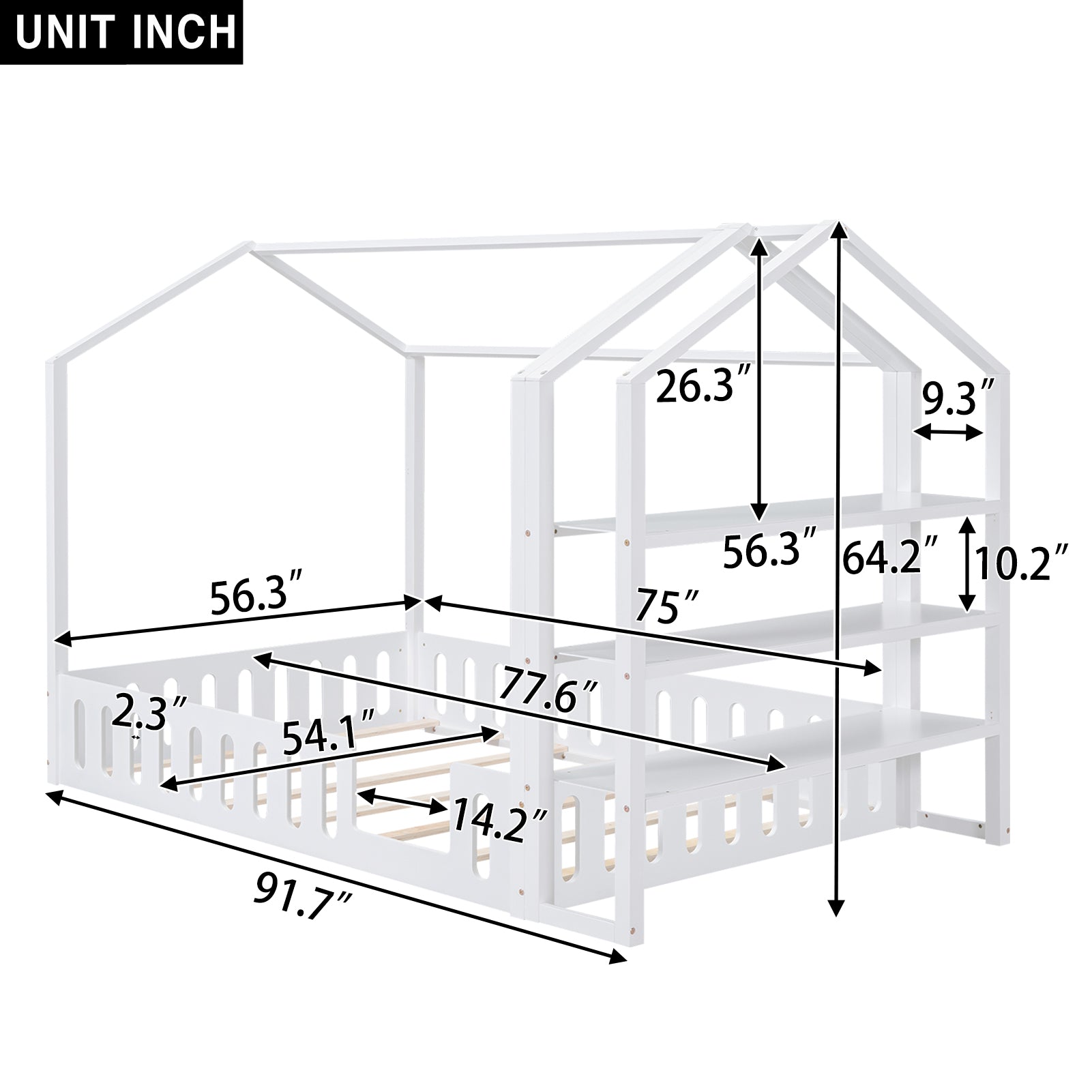 Full Size Wood House Bed with Fence and Detachable Storage Shelves, White - Korvel
