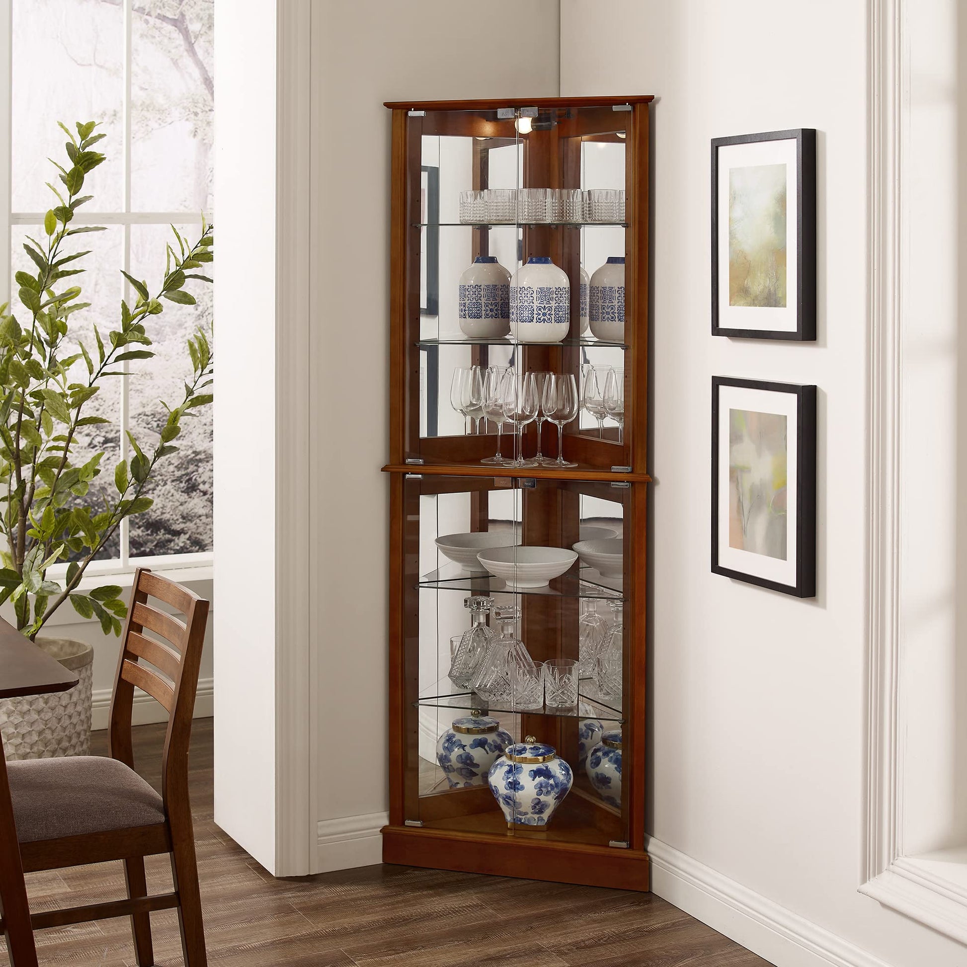 Corner Curio Dispaly Cabinet with Lights, Adjustable Tempered Glass Shelves, Mirrored Back,Walnut(E26 light bulb not included) - Korvel