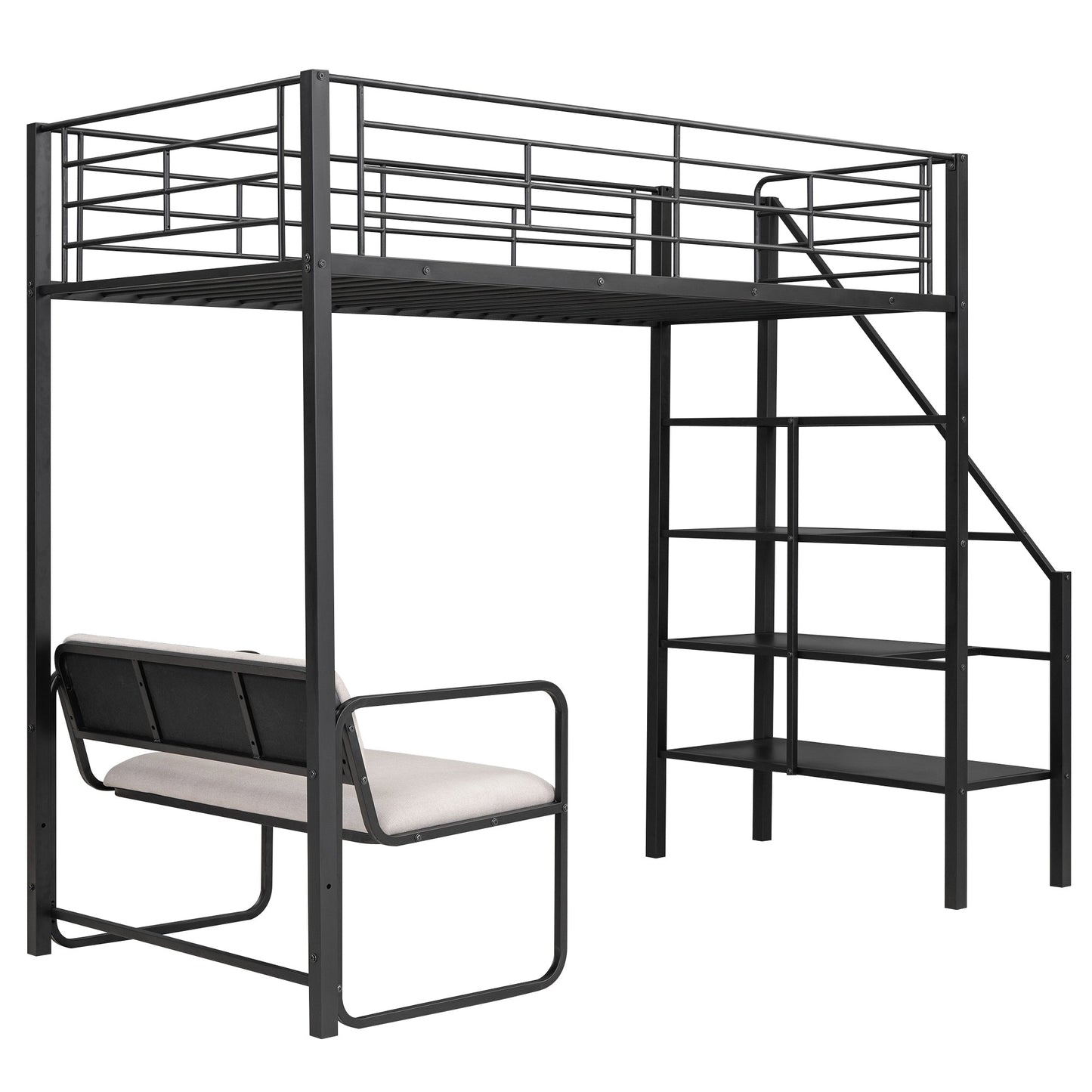 Twin Size Metal Loft Bed with Bench and Storage Staircase  Black - Korvel