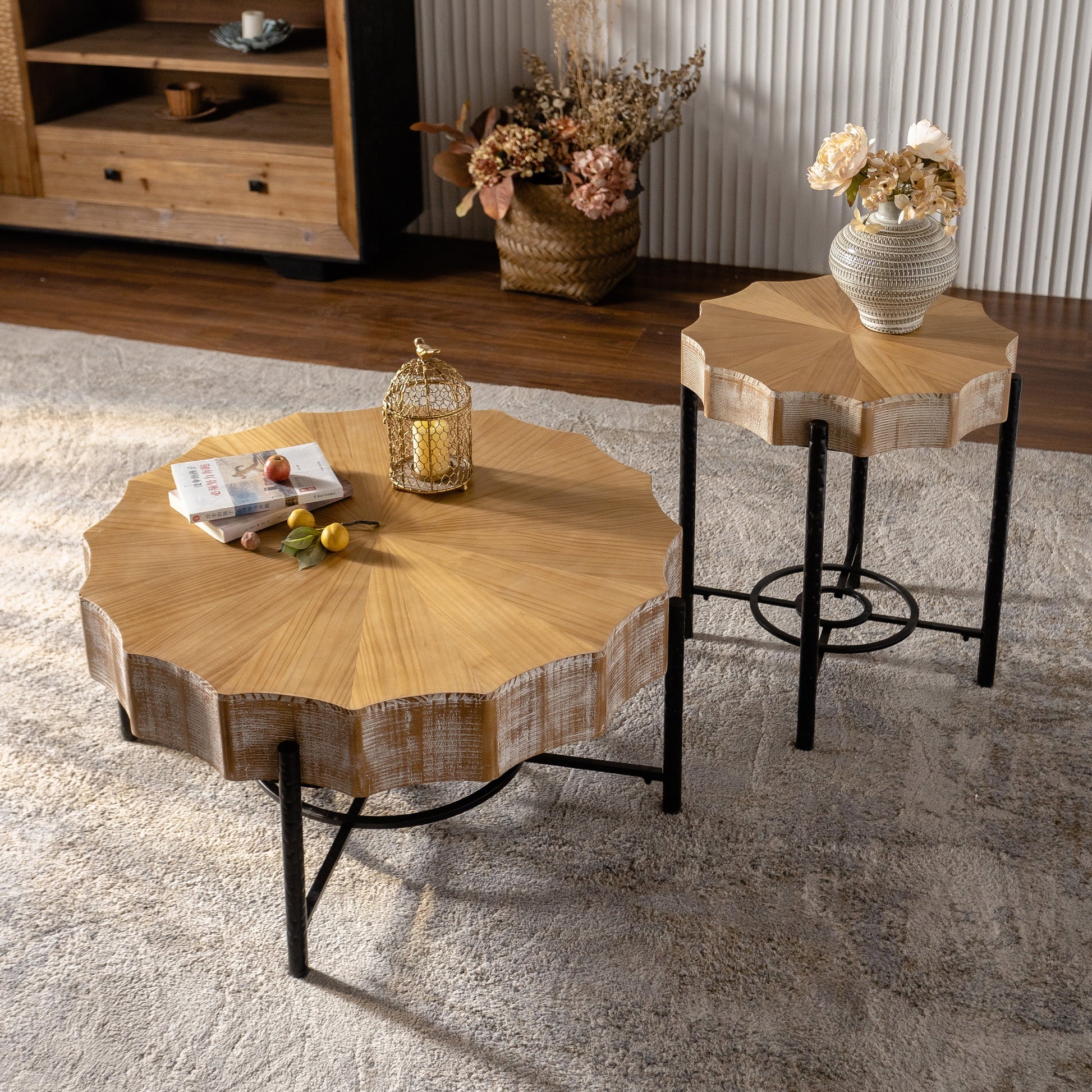 31.5 "Vintage Patchwork Lace Shape Coffee Table Cedar Coffee Table Set (Set of 2) - Korvel