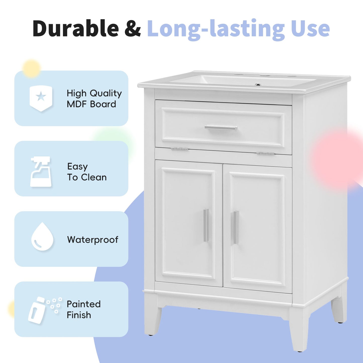 24" Bathroom Vanity with Sink, Bathroom Vanity Cabinet with One Flip Drawer and Doors, Solid Wood and MDF, White - Korvel