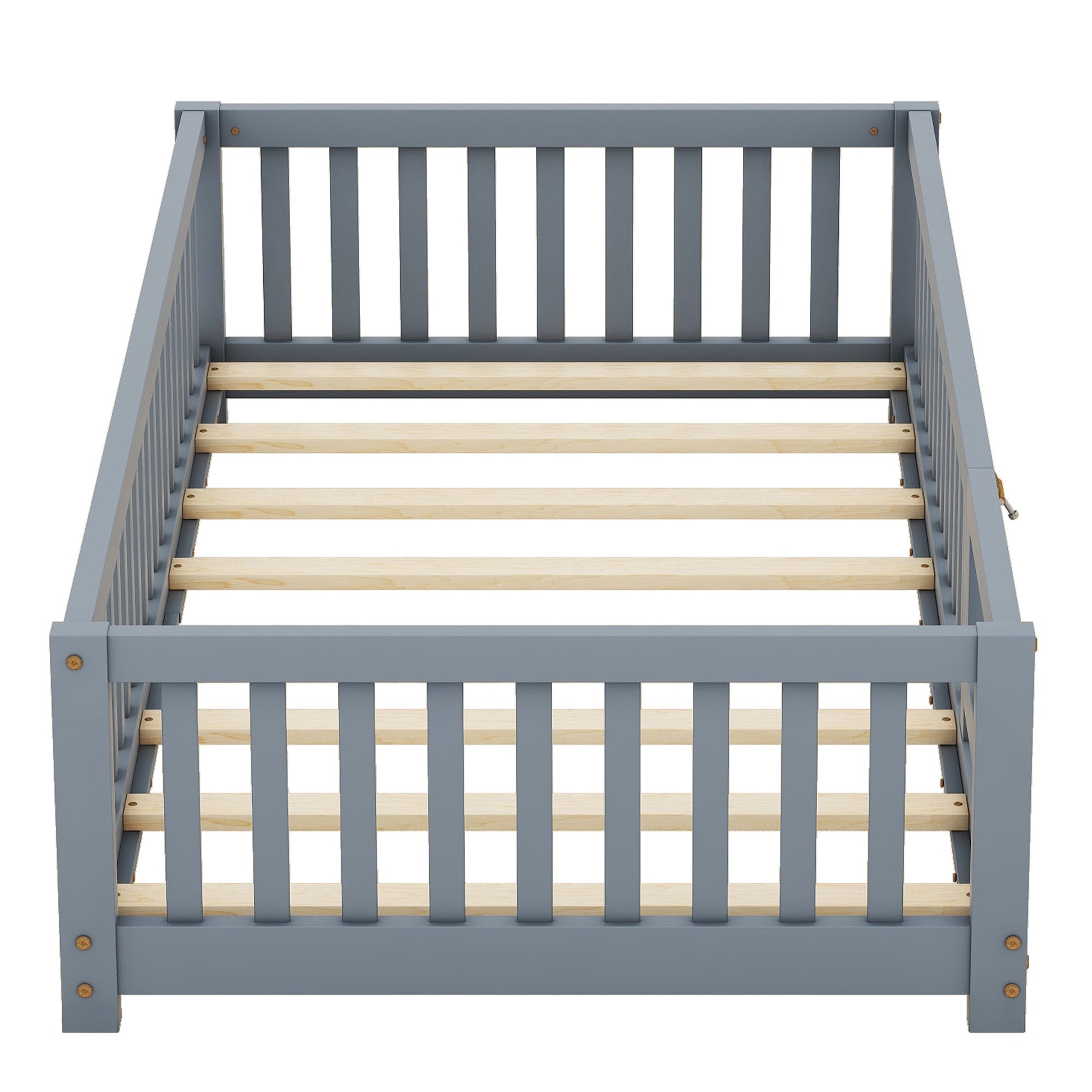 Twin Size Bed Floor Bed with Safety Guardrails and Door for Kids, Gray - Korvel
