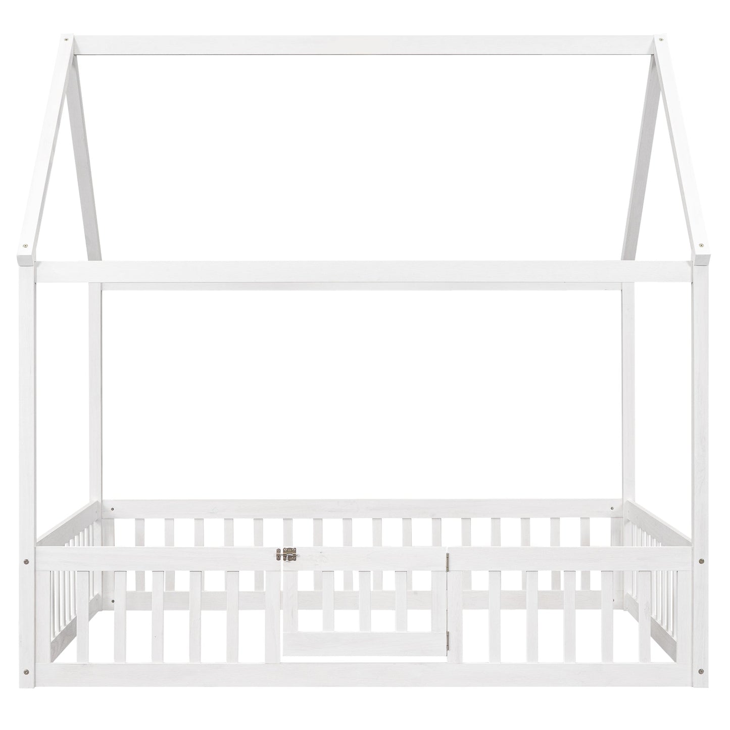 Full Size Wood House Bed with Fence and Door White Wash - Korvel