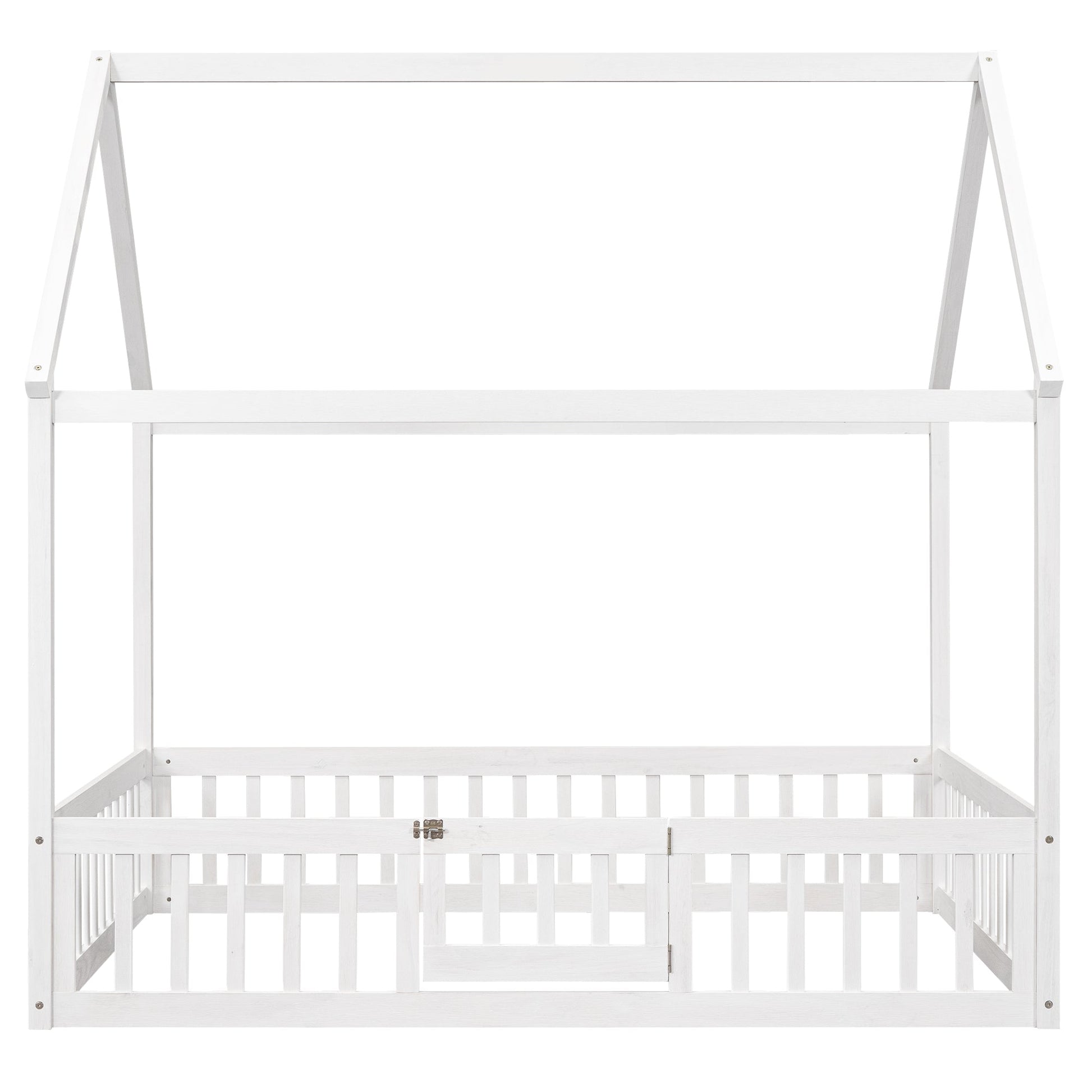 Full Size Wood House Bed with Fence and Door White Wash - Korvel