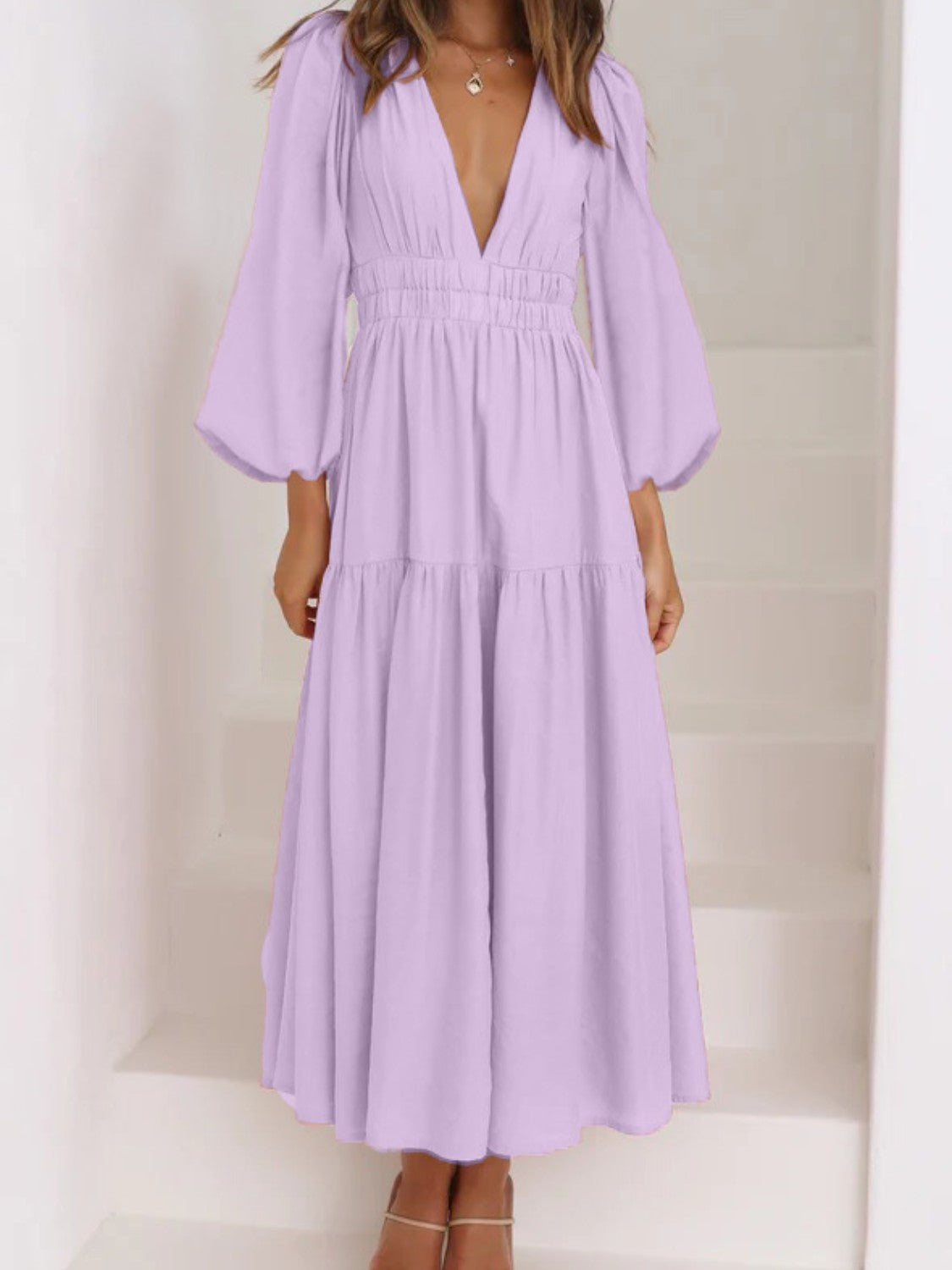 Elegant Lightweight Deep V-Neck Balloon Sleeve Maxi Dress