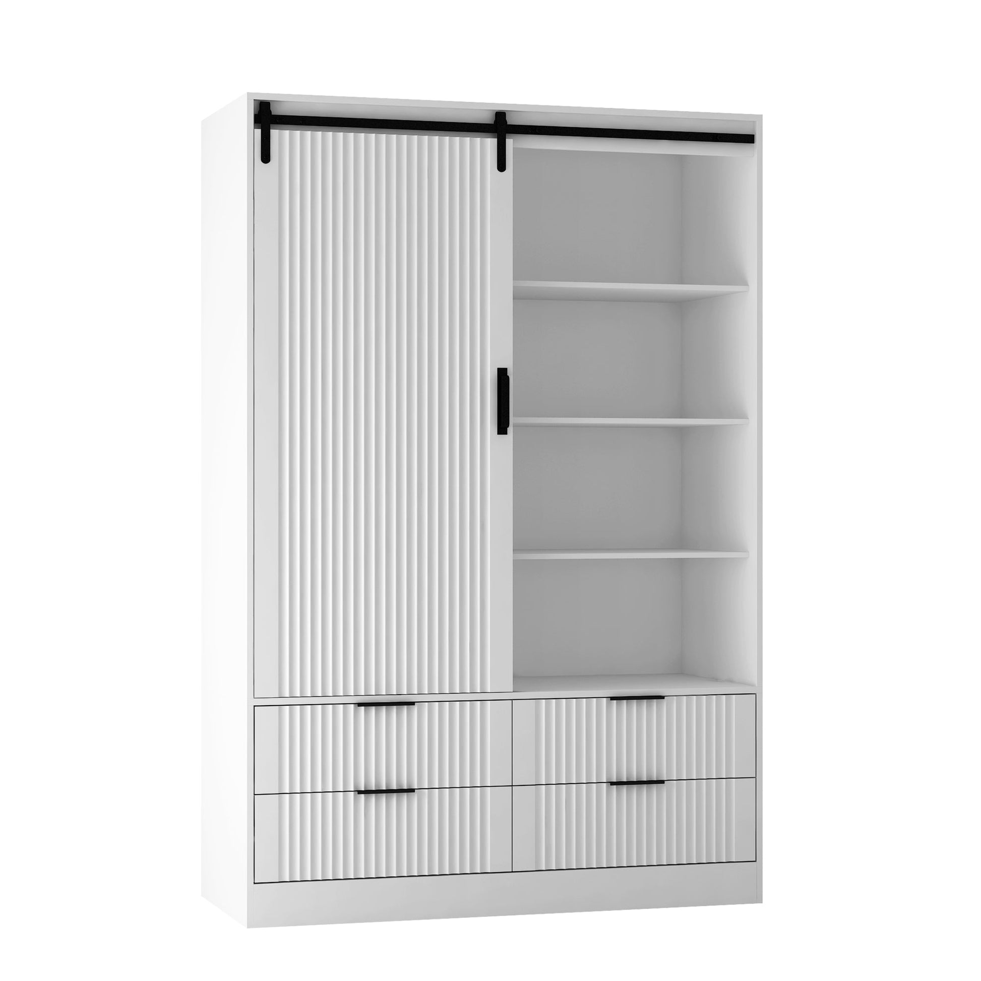 Tall Bedroom Armoire Wardrobe Closet Clothing Storage Cabinet with Hanging Rod Barn Door Drawers Open Shelves,White - Korvel
