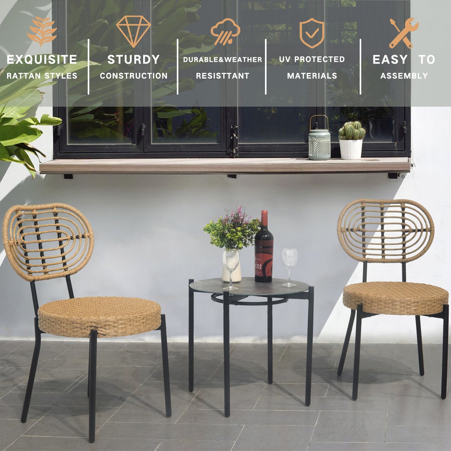 3 Pieces Of Luxury Outdoor Wicker Furniture - Patio Bistro Style Table And Chair Combination - Korvel