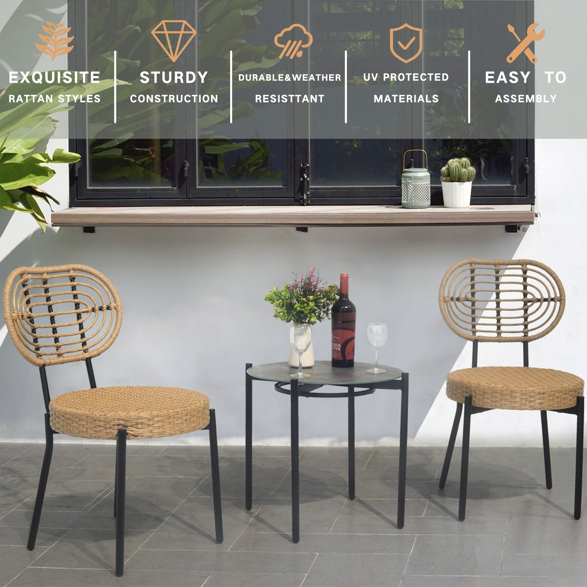 3 Pieces Of Luxury Outdoor Wicker Furniture - Patio Bistro Style Table And Chair Combination - Korvel