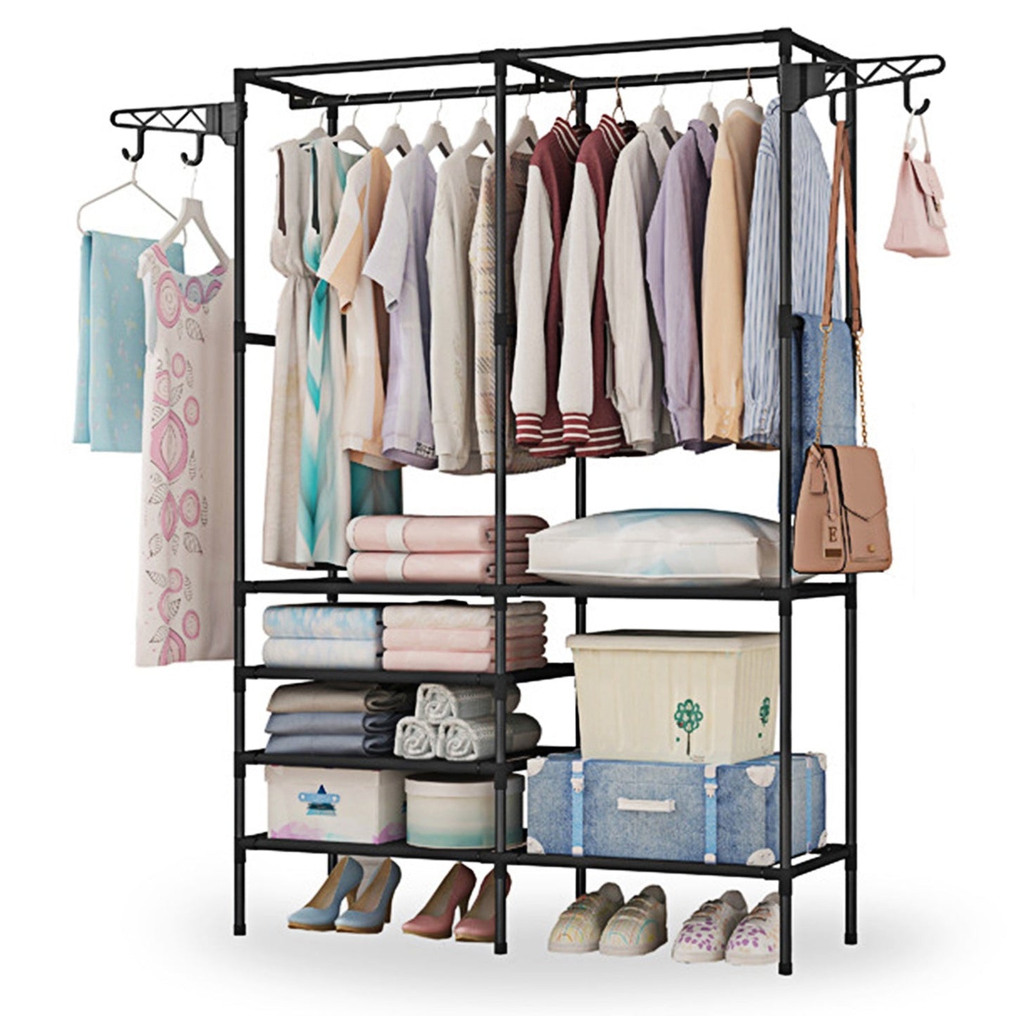 Freestanding Metal Garment Rack with Shelves and Hooks