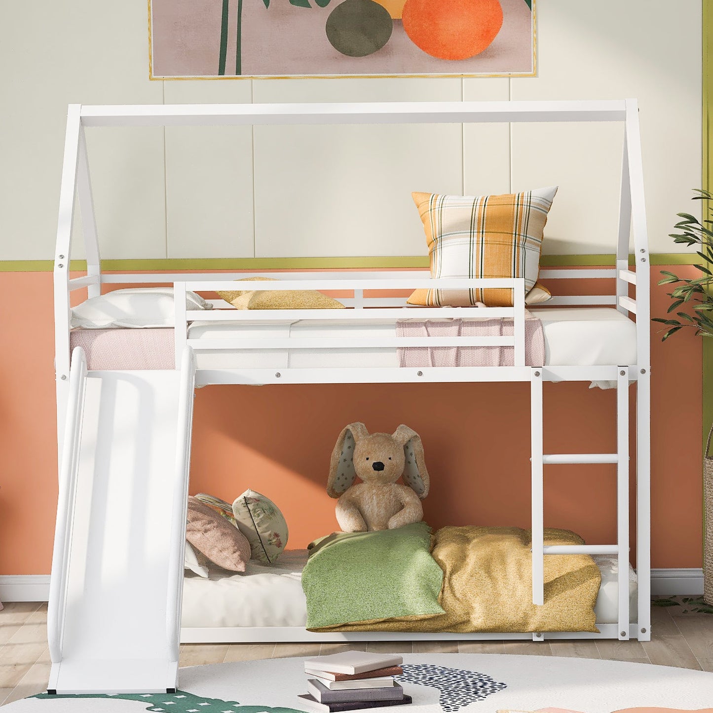 Twin over Twin House Bunk Bed with Ladder and Slide,White - Korvel