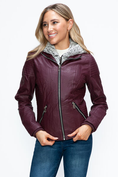 Veste à couches à double fermeture éclair pour femmes, chaude et élégante, avec capuche en fausse fo