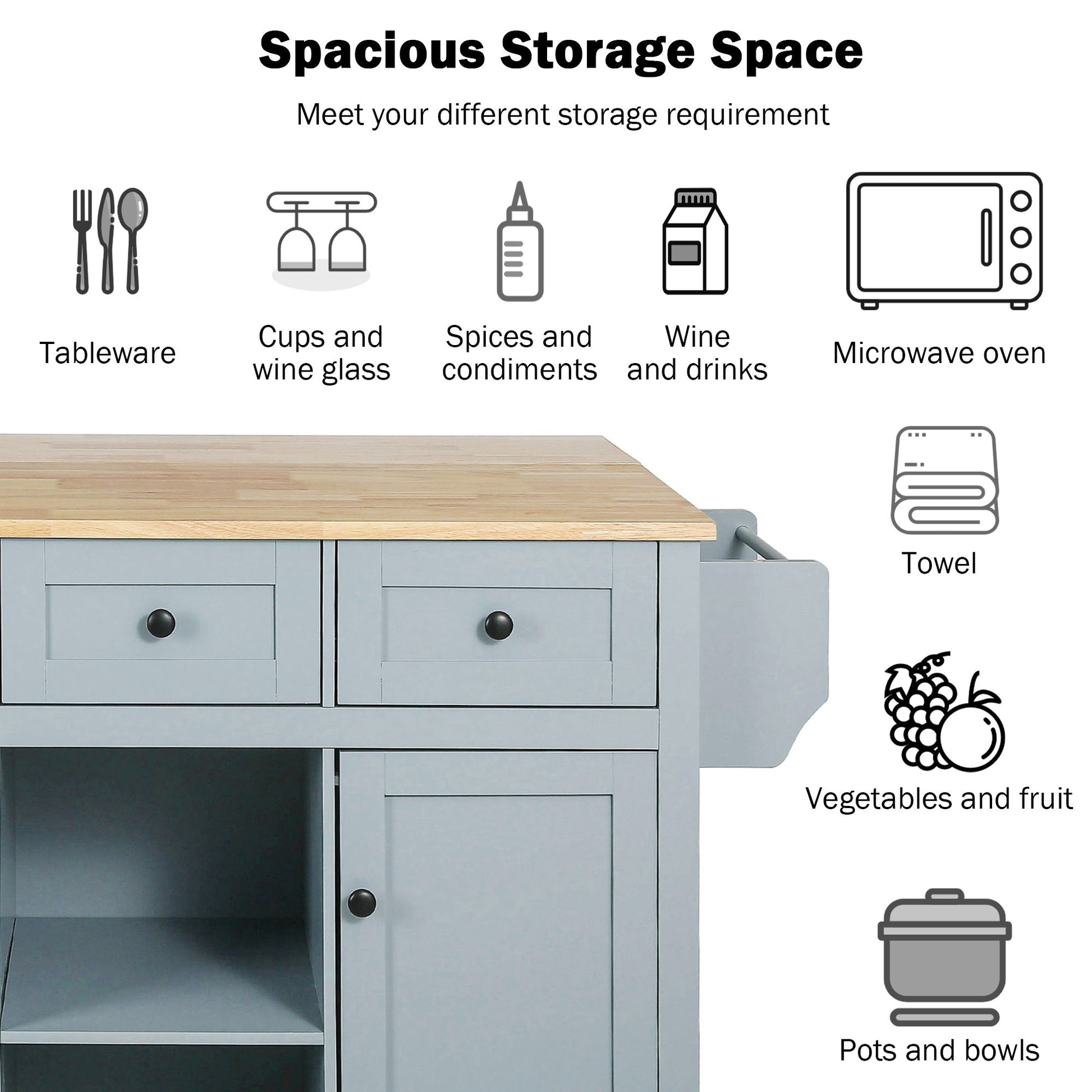 Kitchen handcart with rubber wood leaf countertop, storage cabinet, shelf, and 3 dining room drawers, gray blue - Korvel