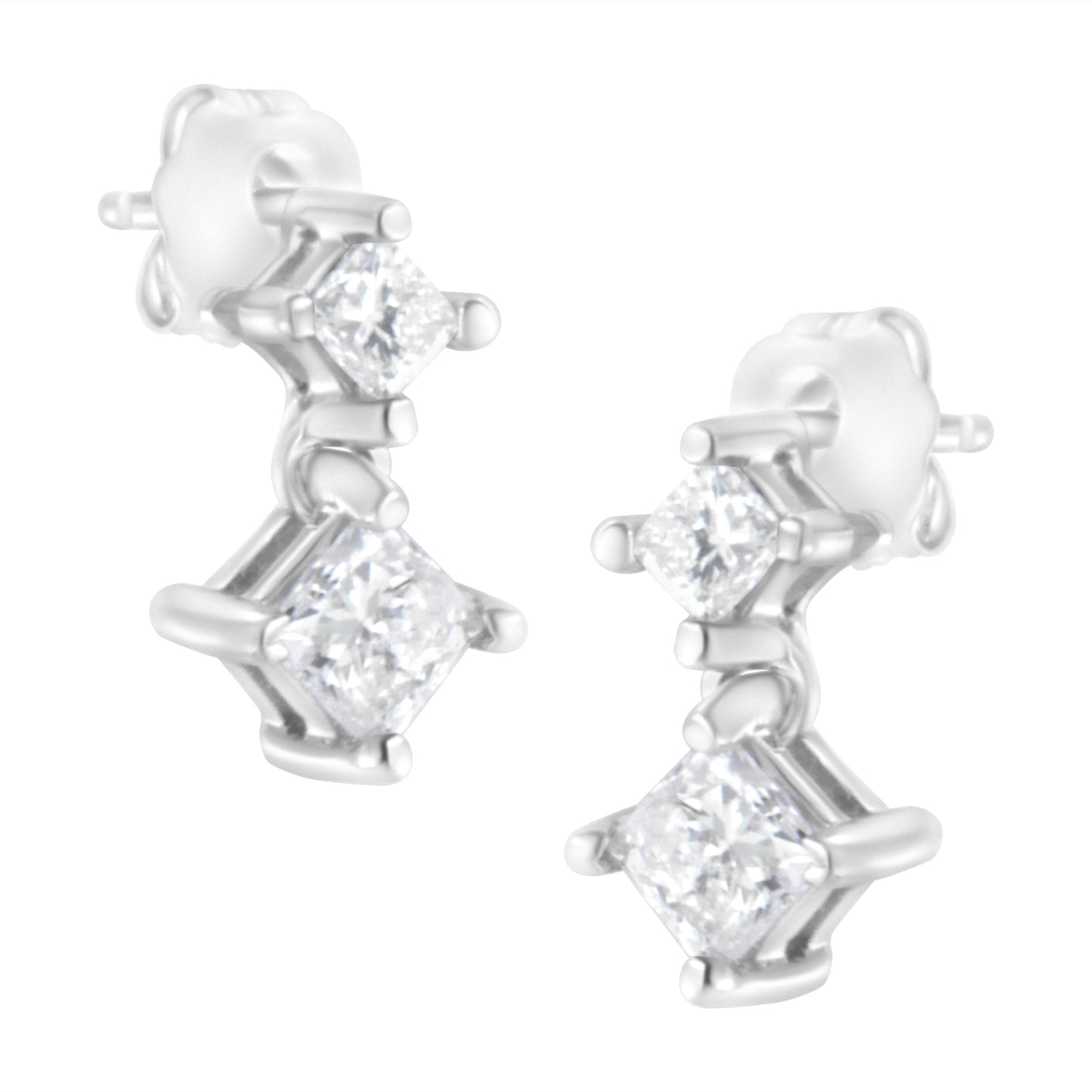 Pendientes de diamante en corte princesa de doble diamante en oro blanco de 14 quilates