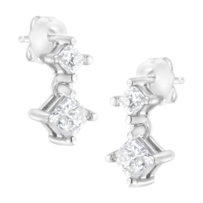 Pendientes de diamante en corte princesa de doble diamante en oro blanco de 14 quilates