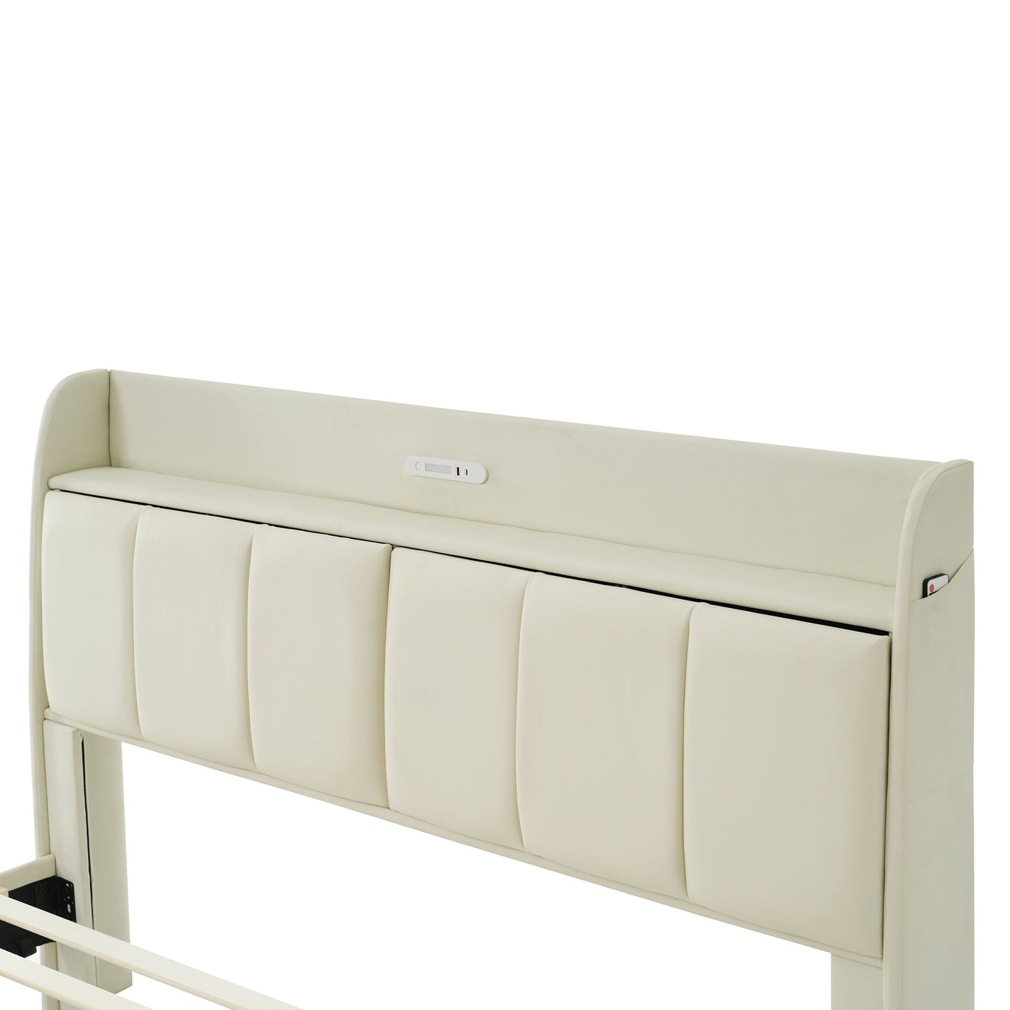 Large floating bed frame with storage headboard, touch sensor, night light and USB charger, padded platform bed, beige color - Korvel