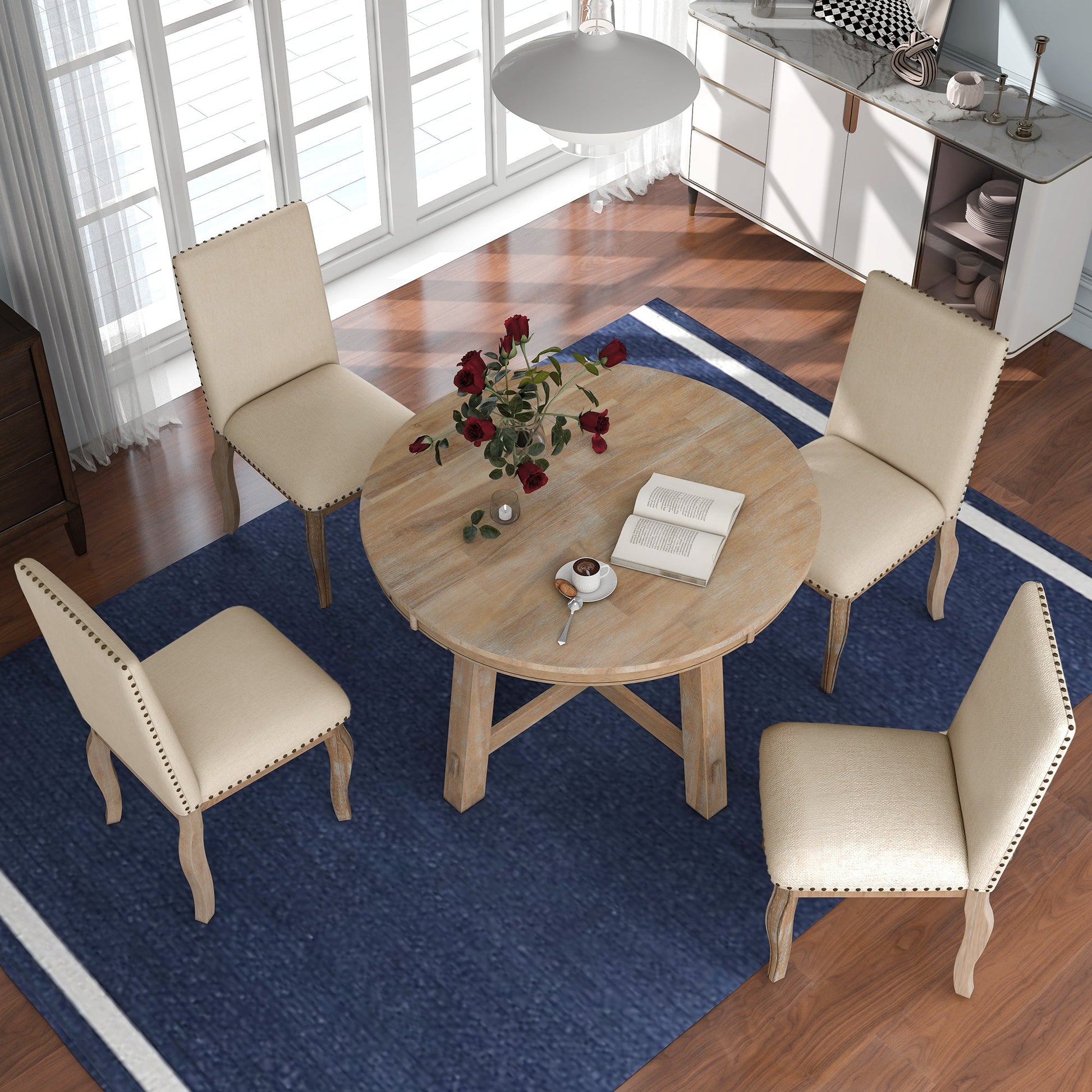 TREXM 5-Piece Farmhouse Dining Table Set Wood Round Extendable Dining Table and 4 Upholstered Dining Chairs (Natural Wood Wash) - Korvel