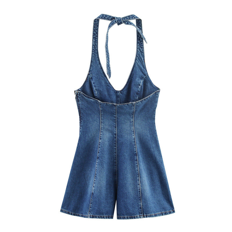 Mono de mezclilla halter chic para mujeres