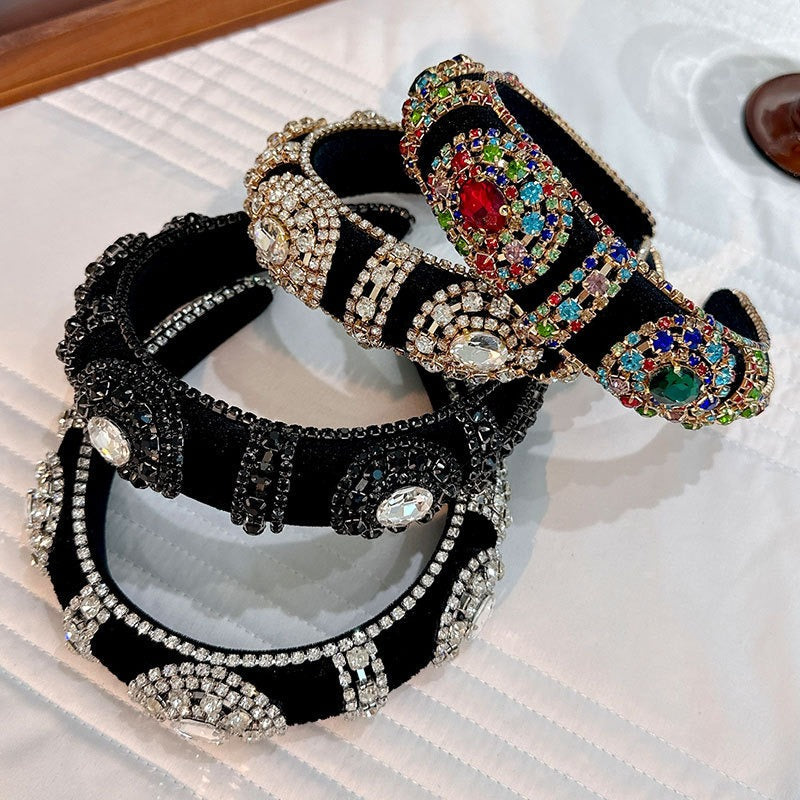 Fashionable retro golden velvet hair hoop with super sparkling color rhinestone sponge head hoop - Korvel