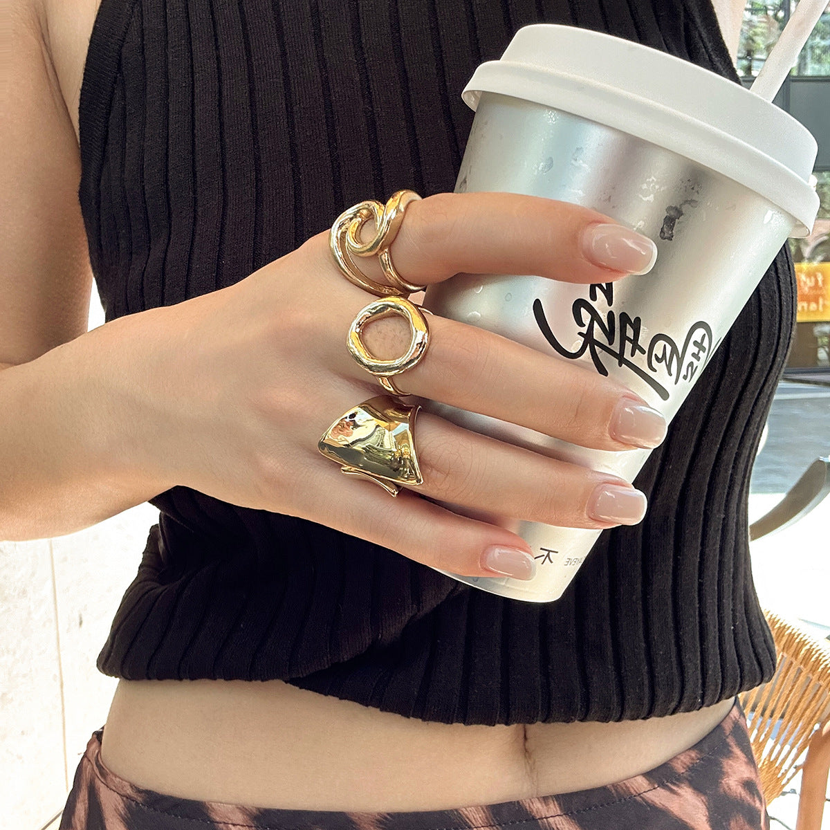 Ins style O-shaped smooth ring set with irregular metallic rings, versatile new style - Korvel