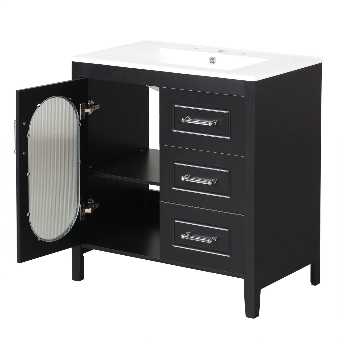 30" Bathroom Vanity with Sink, Bathroom Vanity Cabinet with Two Drawers and Door, Adjustable Shelf, Solid Wood and MDF, Black - Korvel