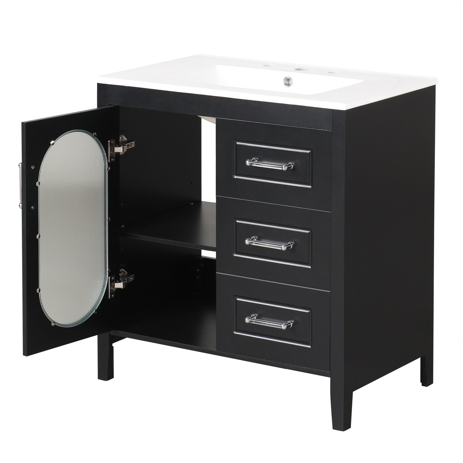 30" Bathroom Vanity with Sink, Bathroom Vanity Cabinet with Two Drawers and Door, Adjustable Shelf, Solid Wood and MDF, Black - Korvel
