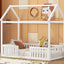 Twin Size Wood House Bed with Fence and Door, White - Korvel