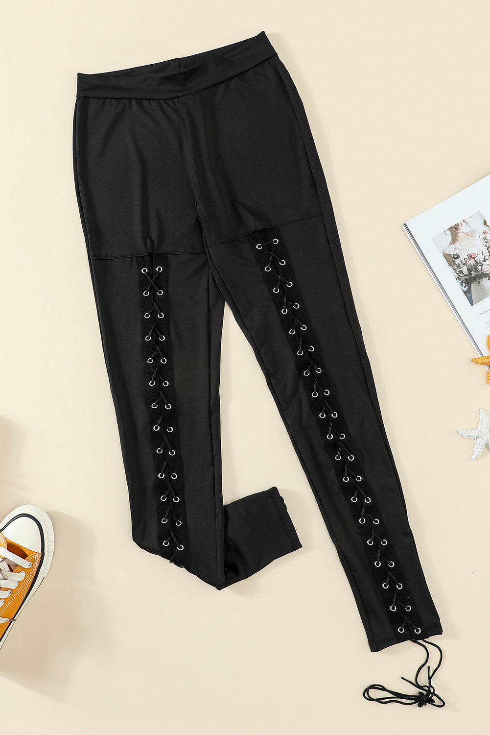 Black Grommet Lace Up Front Leggings - Korvel