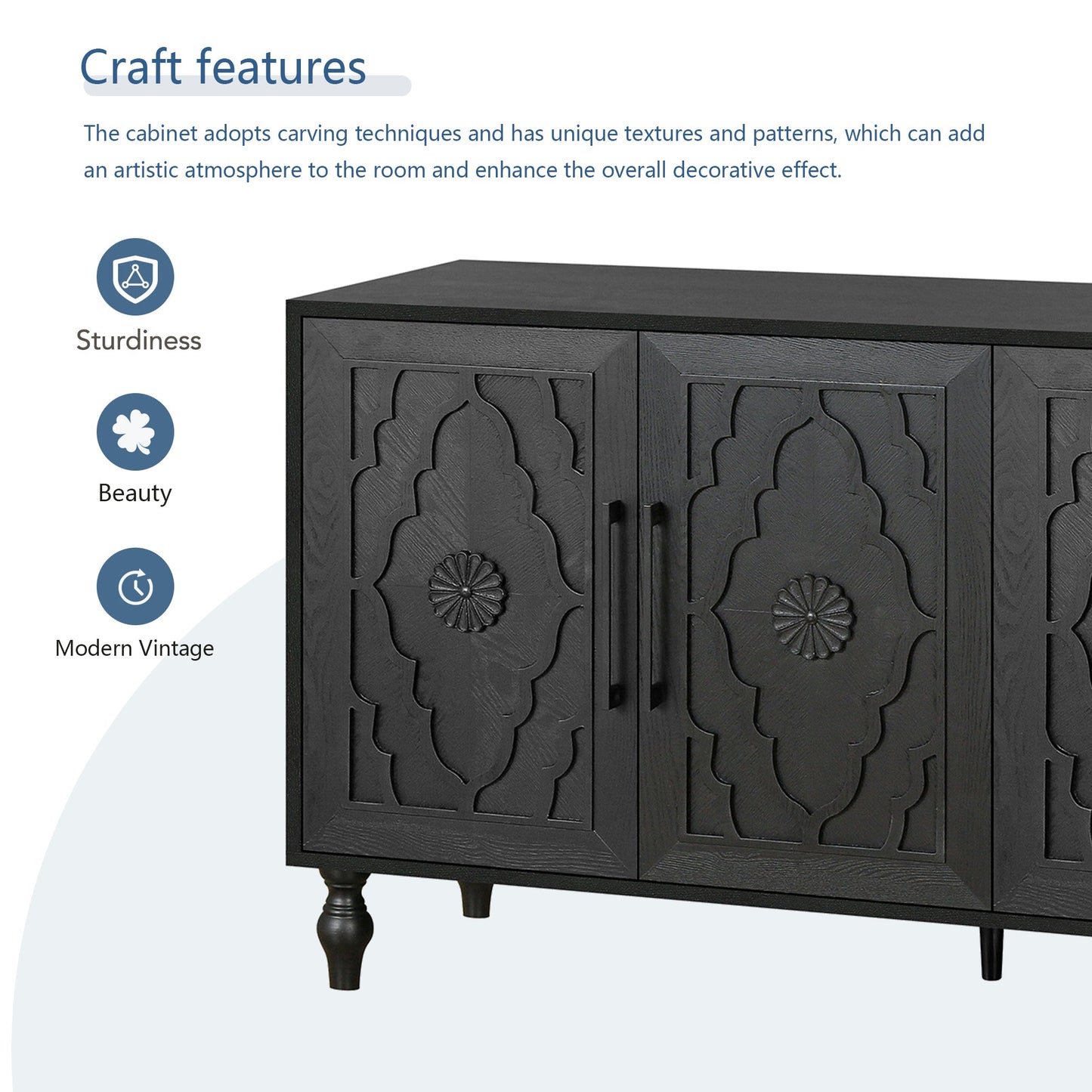 Carved Flower Door Large Storage Cabinet With Metal Handle Suitable For Living Room, Kitchen, Entryway(BLACK) - Korvel