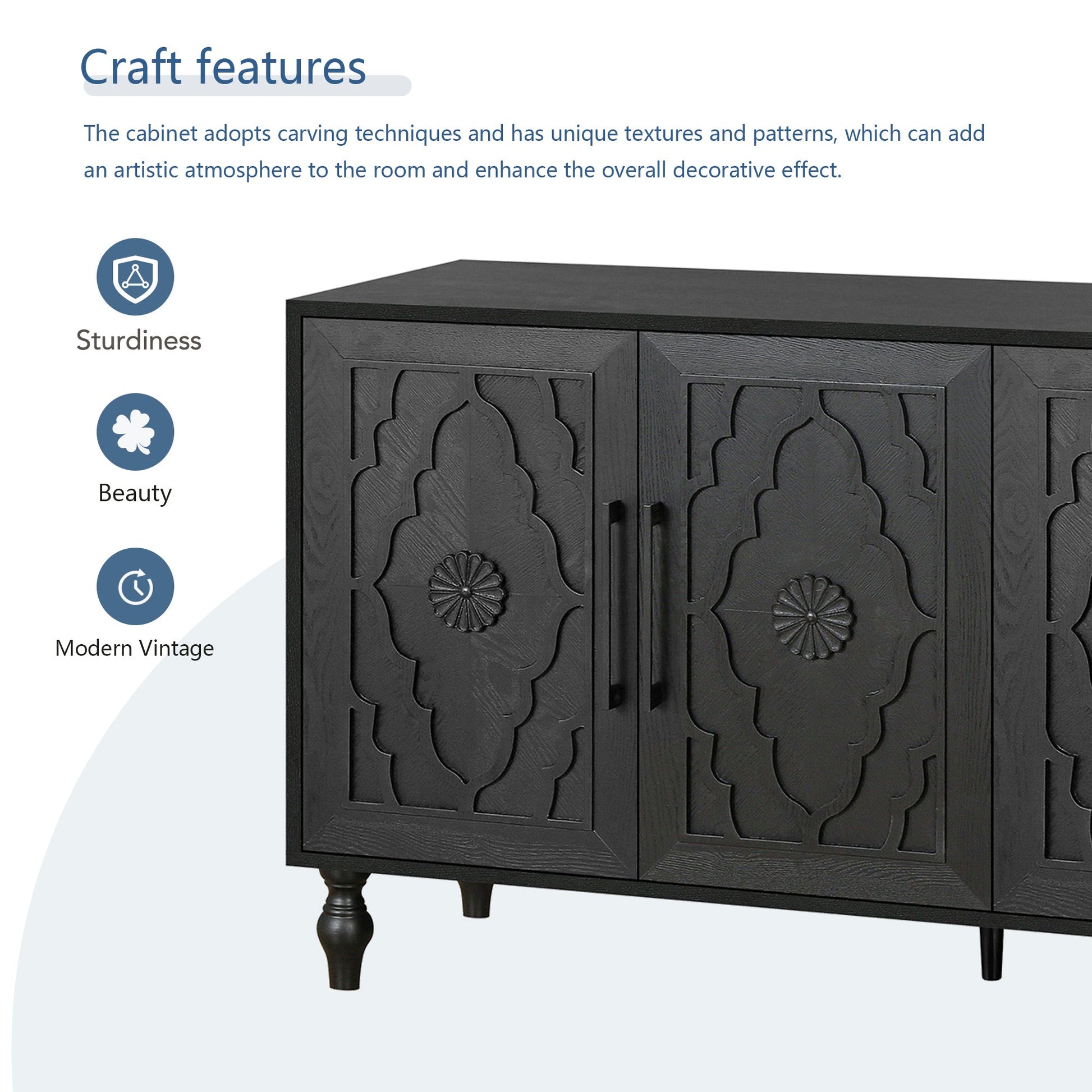 Carved Flower Door Large Storage Cabinet With Metal Handle Suitable For Living Room, Kitchen, Entryway(BLACK) - Korvel