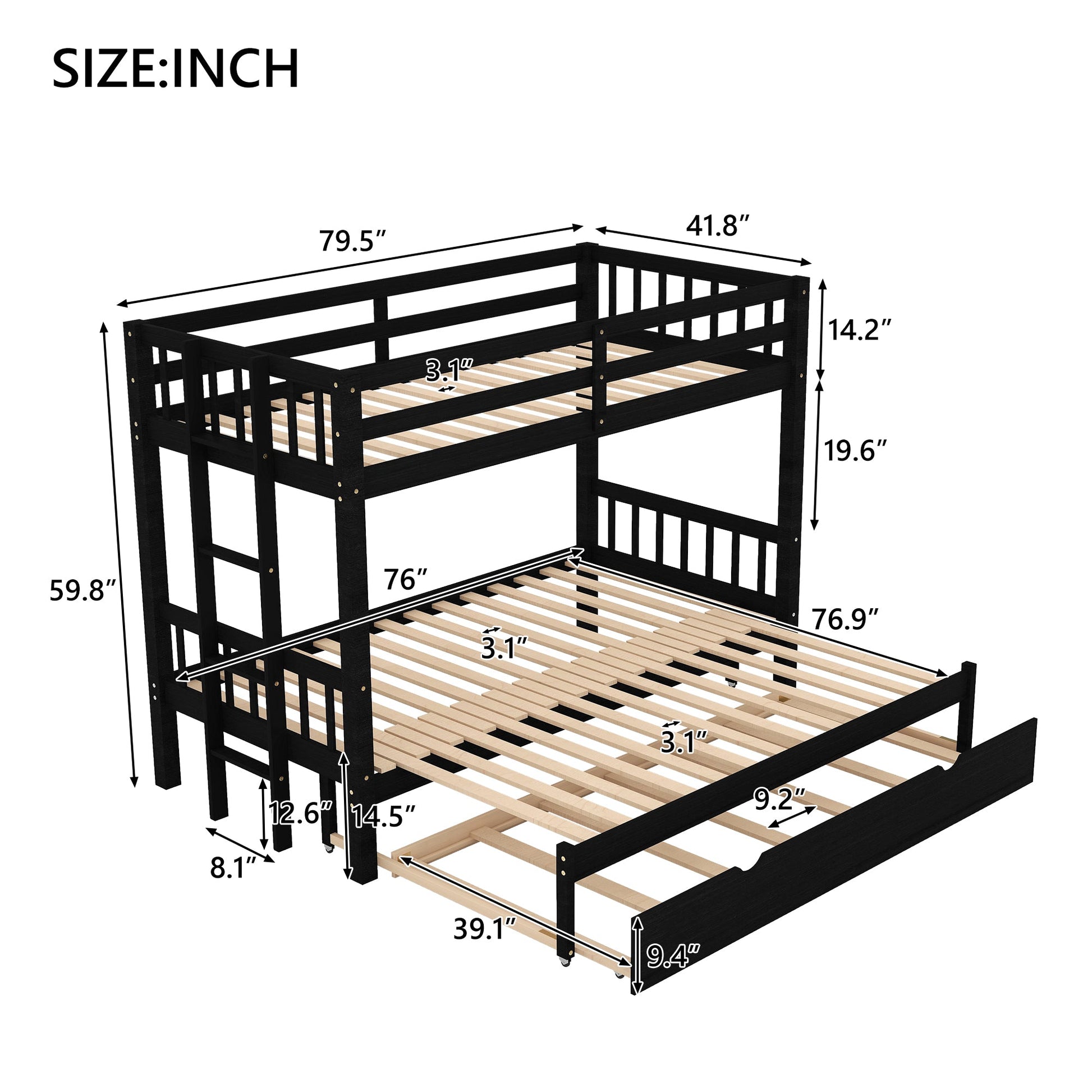 Twin over Pull-out Bunk Bed with Trundle  Espresso - Korvel
