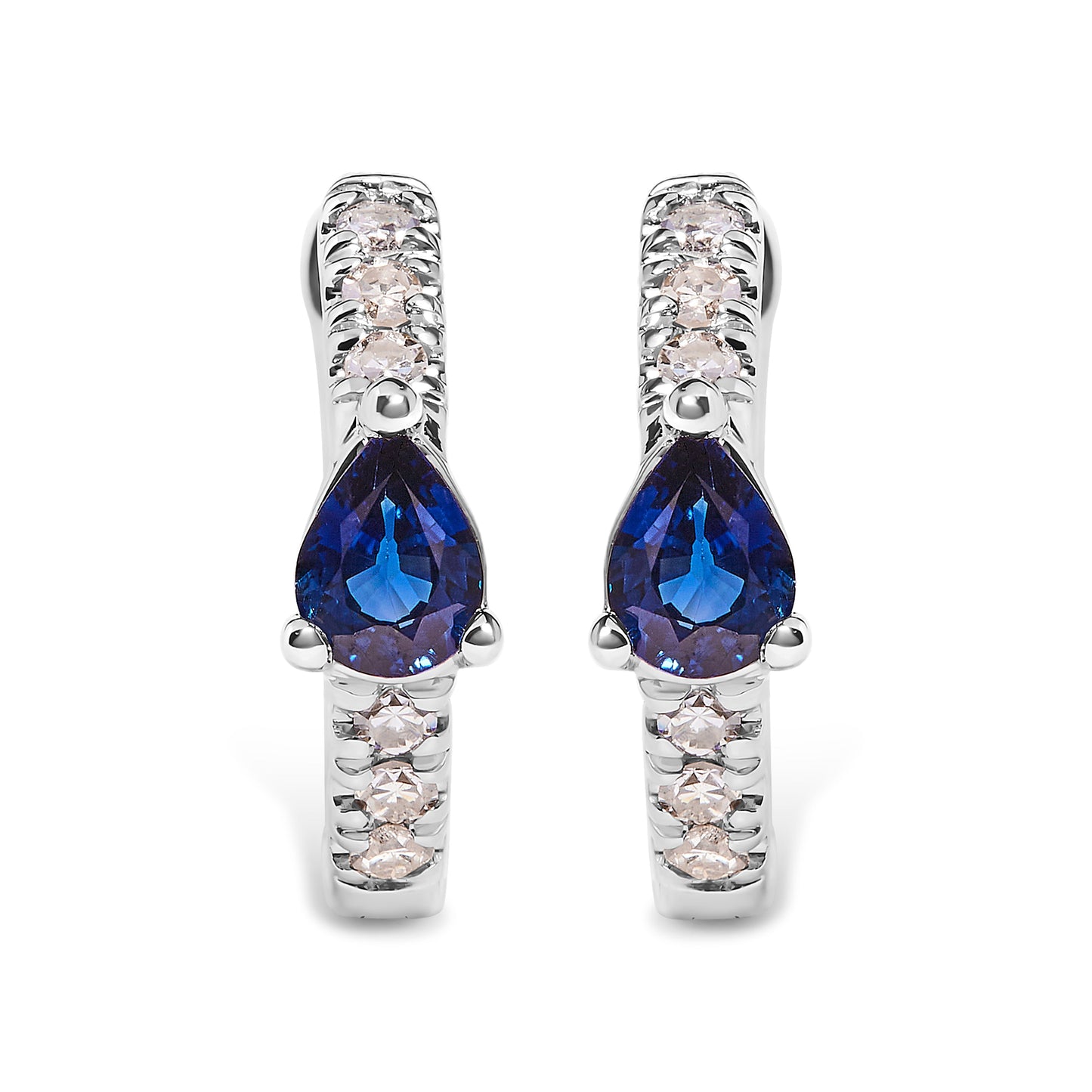 Boucles d'oreilles créoles en or blanc 10K avec saphir bleu en forme de poire et diamants