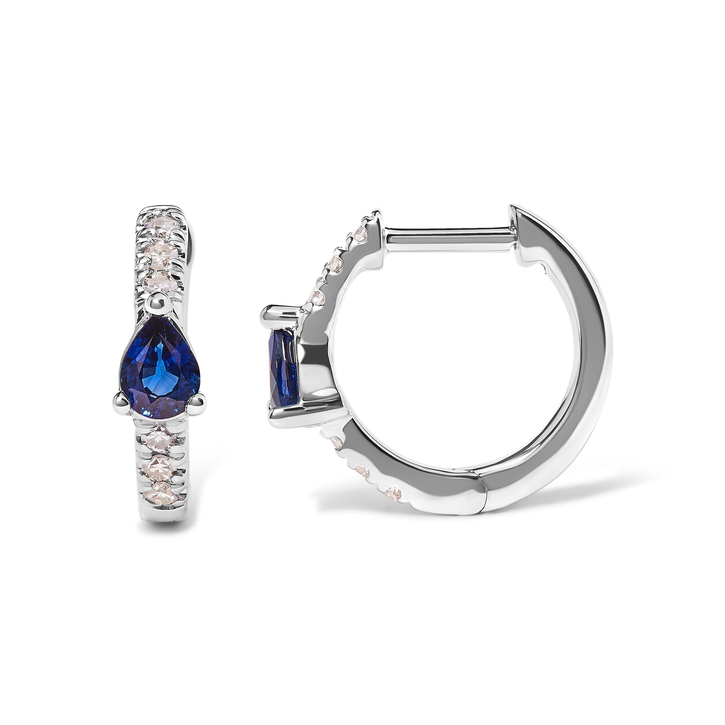 Boucles d'oreilles créoles en or blanc 10K avec saphir bleu en forme de poire et diamants