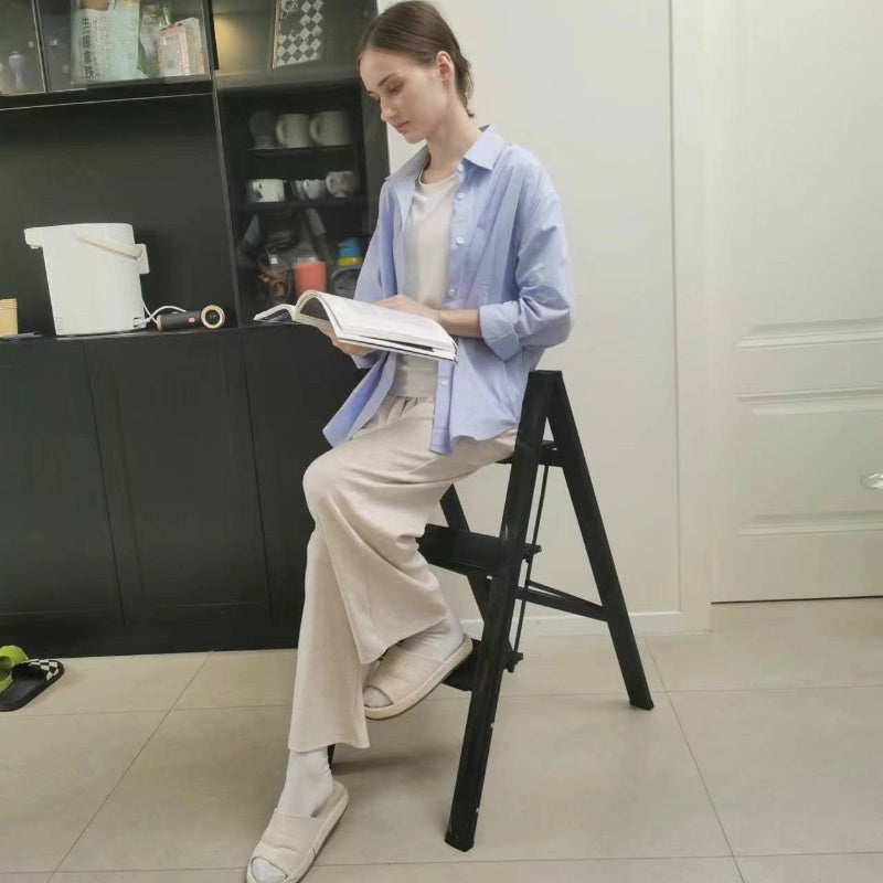 3 Step Ladder Aluminum Light Folding Step Bench Wide Non slip Pedal 300 lb Capacity Home Office Portable Ladder black - Korvel
