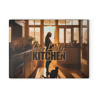Sunset Cat Lady Glass Cutting Board