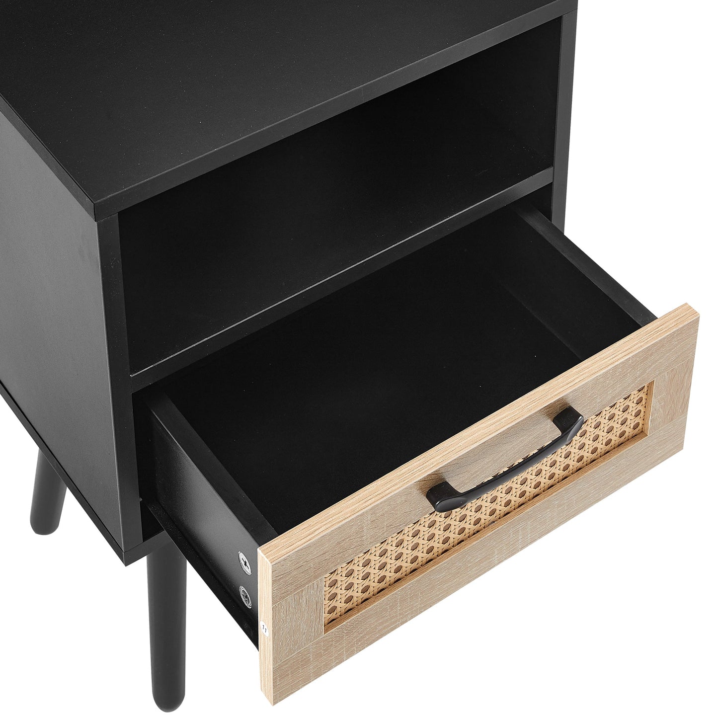 15.75" Rattan End table with drawer and solid wood legs Modern nightstand side table for living room black - Korvel