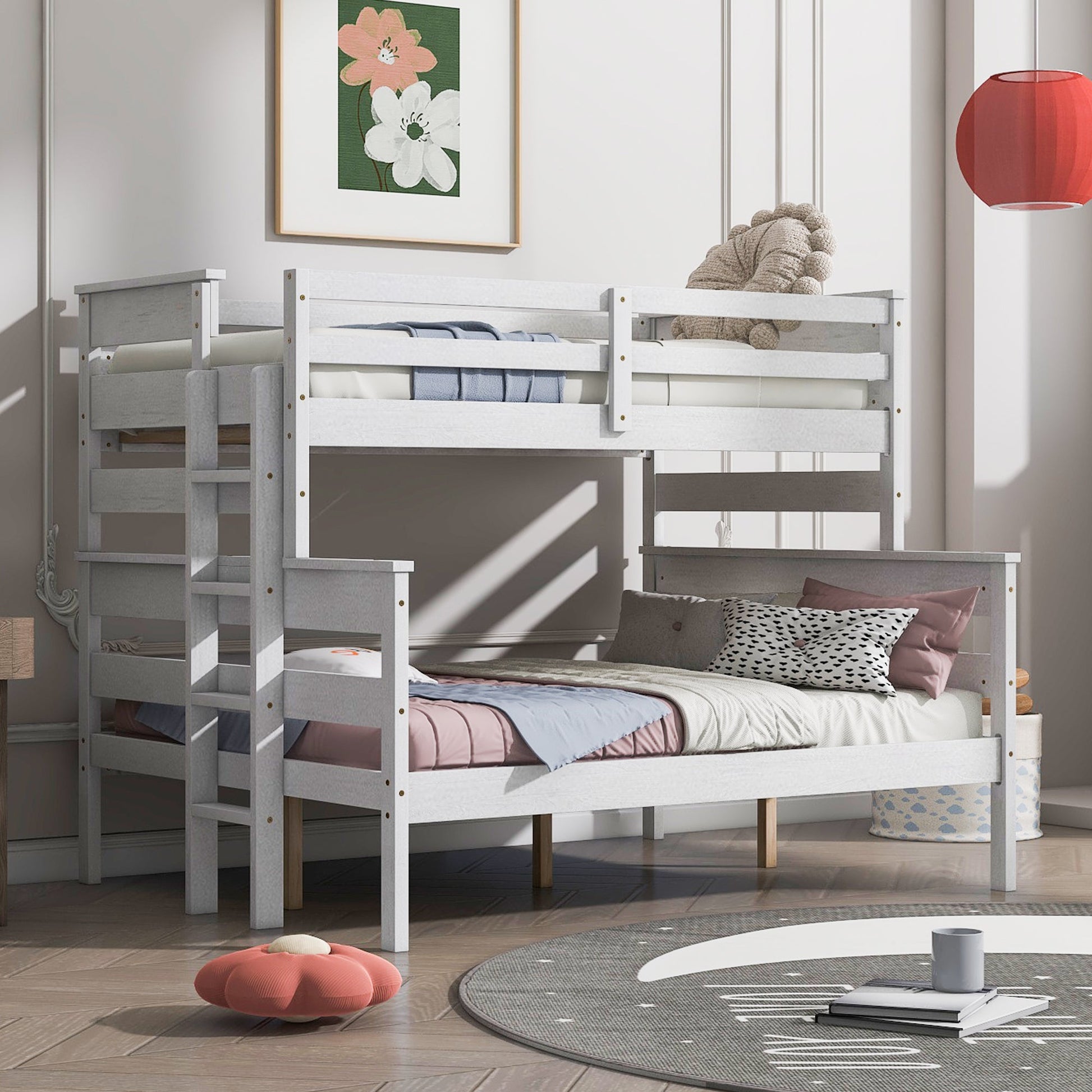 Wood Twin over Full Bunk Bed with Ladder White - Korvel