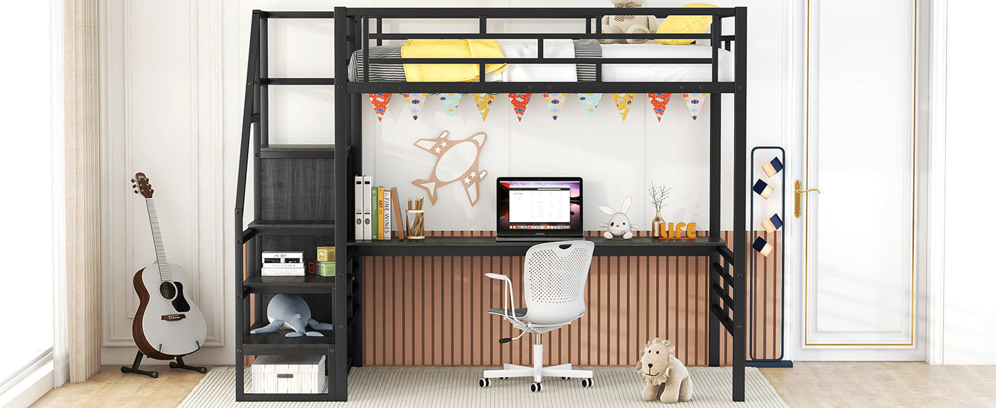 Cama loft de metal de tamaño completo con escritorio y opciones de almacenamiento
